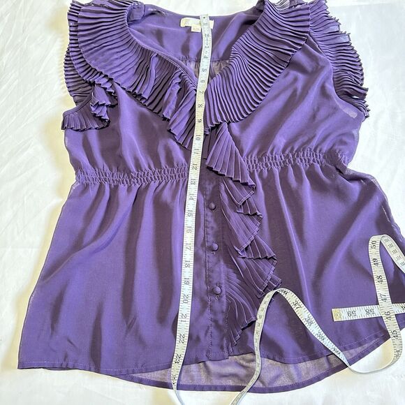 Faith 21 Ruffle Front Sheer Purple Button Top Blouse Sz XL Sleeveless Career - Picture 6 of 8